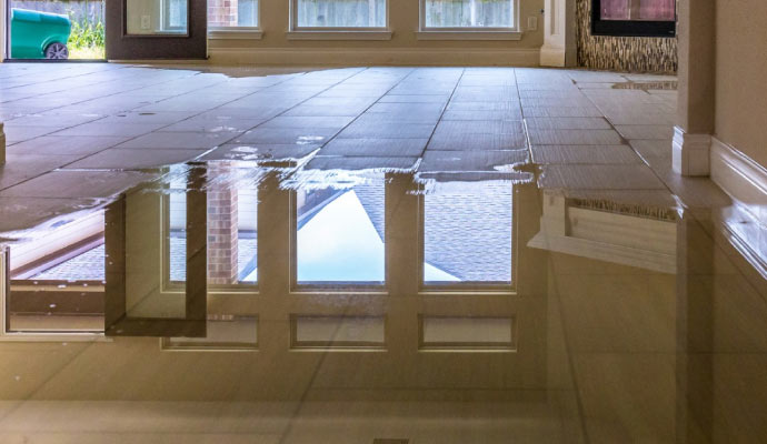 A room with a tiled floor was partially flooded with water