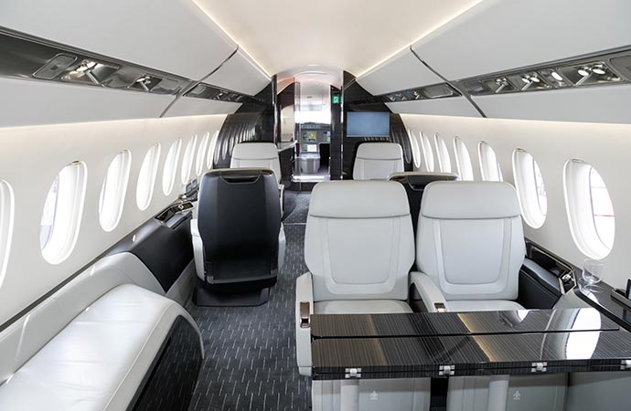 Cabin view inside a jet aircraft.