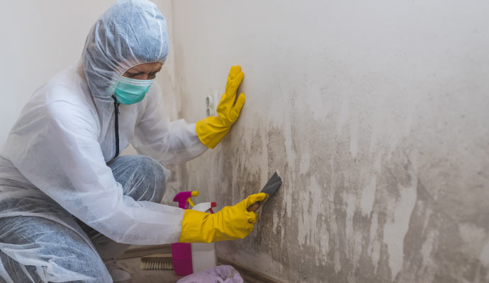 Person cleaning mold with equipment