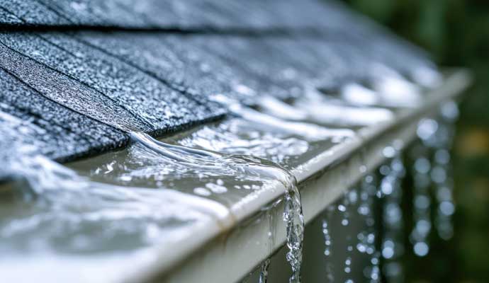 A roof with water flowing over the edge into a gutter