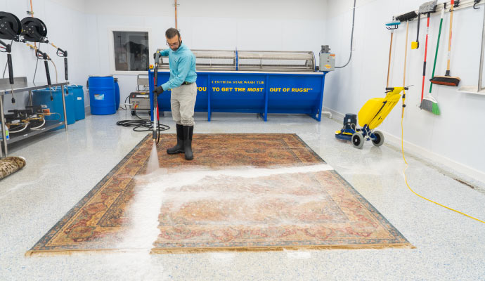 Person cleaning rug with equipment