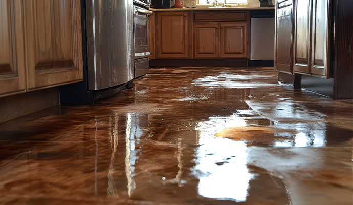 Water damaged kitchen floor due to plumbing leak
