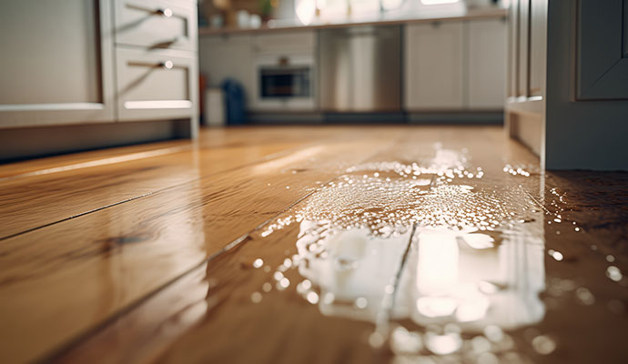 Water damaged kitchen floor caused by plumbing leak